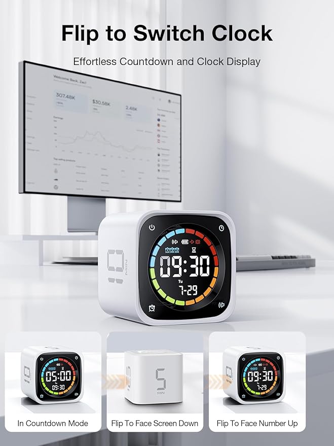 TK3 Pomodoro Timer Cube, Desk Productivity Timer with 5/10/30/60 Min Presets, Custom Countdown, Stopwatch, Clock, 3 Alarm, Silent, Vibrate & Sound Alert, for Task, ADHD, Study, Kitchen, White