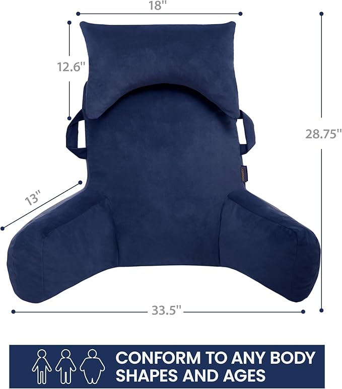 Portable Reading Pillows with Headrest for Bed Sitting Up(Royal Blue Oeko-Tex), Velvet Back Pillow with Arms & Pockets for Adults, Support Memory Foam Bed Pillow for Dorm/Watching/Gaming