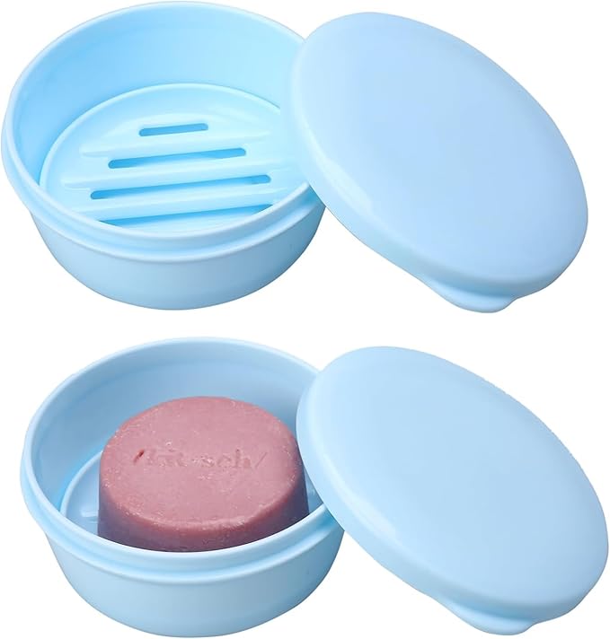 Plastic Travel Soap Container, 2Pcs Portable Soap case for Shampoo Bar Round Soap Holder with Leak-Proof Lid for Bathroom Shower Gym (Blue)
