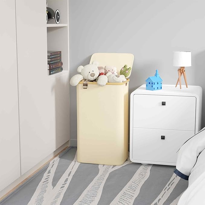 SUOCO Laundry Hamper with Lid, 29 Gal (110L) Clothes Basket with Bamboo Handles, Large Foldable Laundry Hamper for Bedroom, Bathroom, Dorm, Laundry Room - Beige