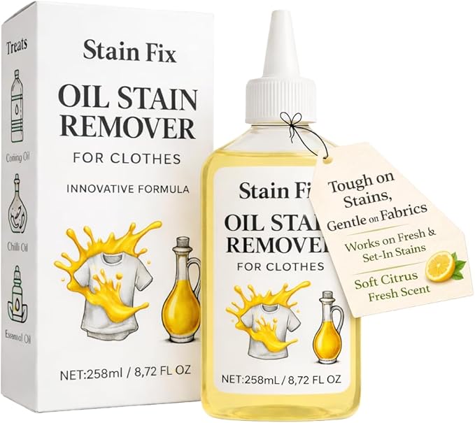 Oil Stain Remover for Clothes (8.72oz) - Fabric Stain Remover For Cooking, Engine, Dried Oil And Grease Stains - Safe for All Fabric Types