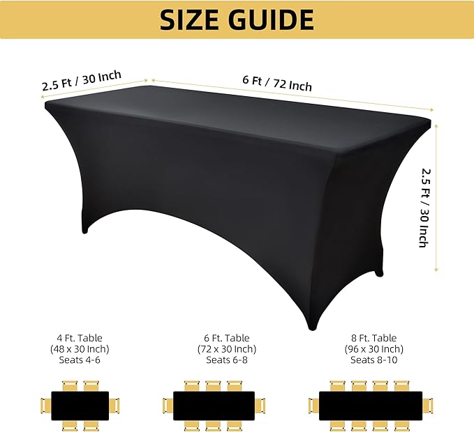 ZarzaaSik 6-Pack 6ft Black Spandex Table Covers for Rectangle Standard Folding Tables - Wrinkle Resistant Stretch Tablecloths - Ultimate Fitted Table Protector for Parties, Trade Shows, Wedding