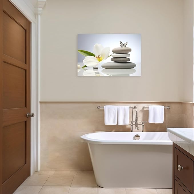 ARTZGX Zen Canvas Wall Art Spa Stones Picture Print Flower and Butterfly Painting Meditation Artwork Bathroom Yoga Decor Frame(Zen Flower - C 16.00" x 24.00")