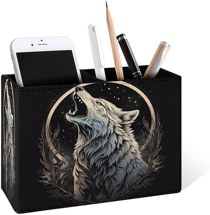 Famame Howling Wolf Moon Pencil Holder for Desk, Leather Desktop Container Pen Cup Storage Study Table Pen Organizer Makeup Brush Holder for Classroom Office Home