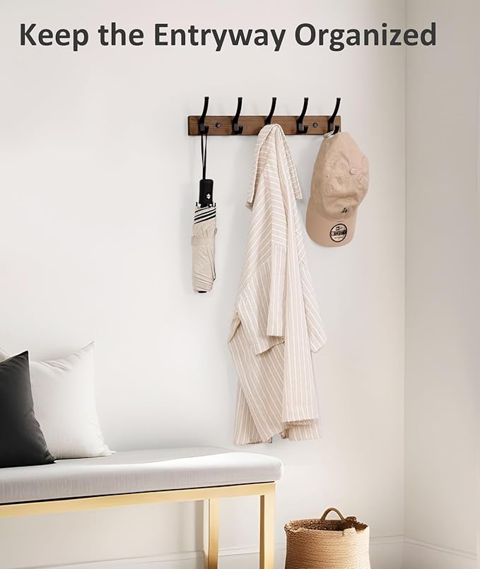 Coat Rack Wall Mount, 16.5 Inches Wood Coat Hooks Wall Mount, Wall Coat Rack with 5 Hooks, Hat Rack Wall Hooks for Hanging Coat, Bag, Towel (2Pack, Brown)