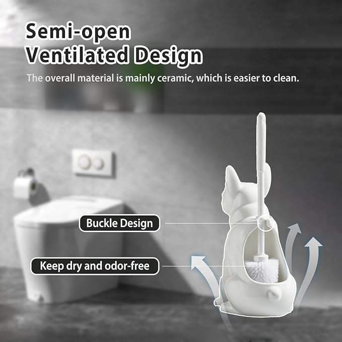 Shar Pei Dog Toilet Brush Holder - White Ceramic Bathroom Decor with Durable Brush, Giftable Foam Packaging