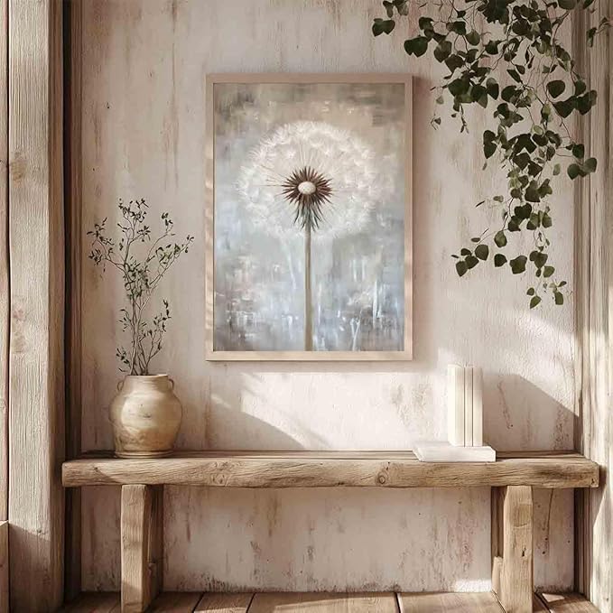 Dandelion Prints Wall Art Vintage Dandelion Poster White Flower Picture Grey And White Abstract Wall Art Abstract Flower Canvas Wildflower Painting Farmhouse Rustic Floral Room Decor 16x24in No Frame