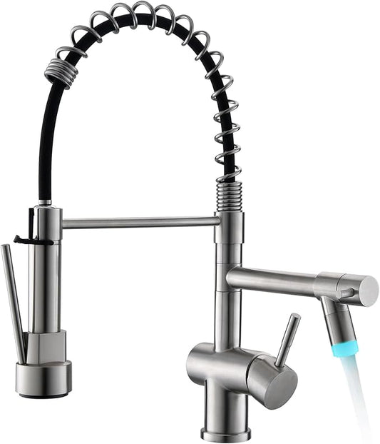 Kicimpro LED Kitchen Faucet with Pull Down Sprayer, Brushed Nickel Faucet for Kitchen Sink, Single Handle High Arc 304 Stainless Steel LED Commercial Bar Kitchen Sink Faucet for 1 Hole Or 3 Hole