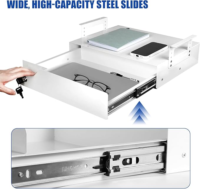 Under Desk Drawer Organizer Lockable, Metal Undermount Table Drawer Upgrade with Adjustable Brackets, Sliding Pull-Out Storage 17.3"x11.8"x5.4", White