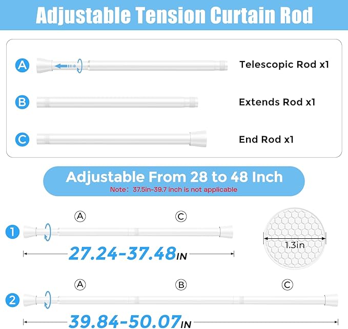 AIZESI Tension Curtain Rod Adjustable Spring Tension Rods for Windows 28 to 48 Inch, No Drilling, 7/8" Diameter, White Curtain Rod, Small Shower Curtain Rod for Bathroom, Doorway, Closet, Kitchen
