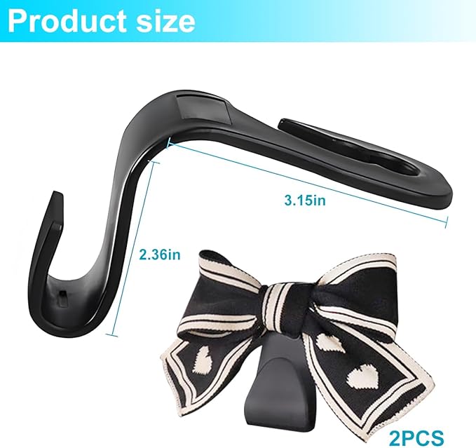Mandark 2PCS Car Seat Headrest Hooks, Cute Bow Vehicle Hooks for Purses and Bags, Auto Purse Hook Hanger Interior Decoration Accessories, Universal for SUV, Sedan, Truck (Black Line)