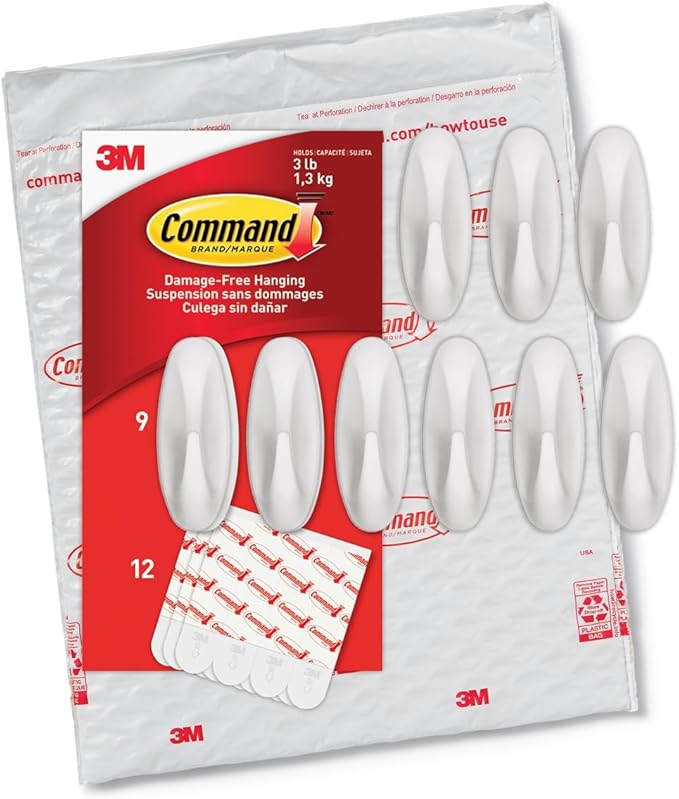Command Medium Designer Hooks, 9 Hooks and 12 Strips, Damage-Free Hanging Wall Hook with Adhesive Strips, No Tools Great for Hanging, Organization and Storage, Holds up to 3 lb