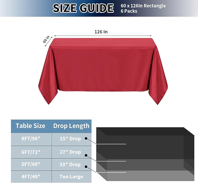 PureFit 6 Pack Rectangle Red Tablecloths 60 x 126 Inch for 6Ft Tables, Stain and Wrinkle Resistant Table Linens for Home Use, Wedding, Party, Banquet and Camping