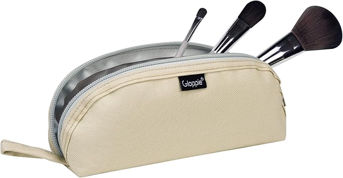 Gloppie Travel Makeup Brush Holder Portable Makeup Brush Traveling Case with Pouch - Small Cosmetic Pouch & Organizer for On-the-Go Beauty, Off White