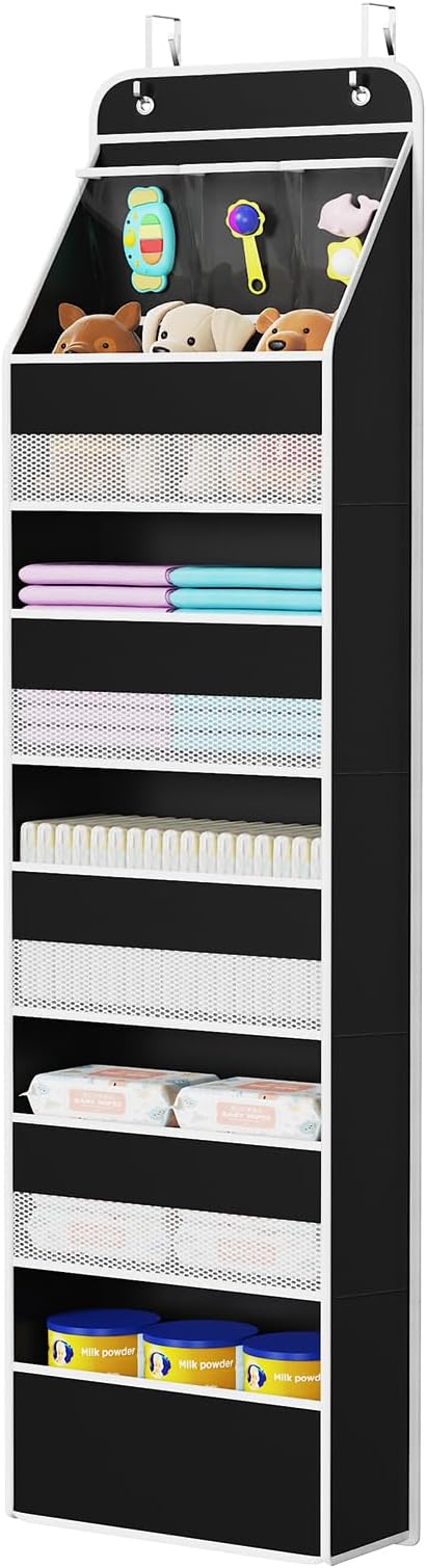 Univivi 6-Shelf Over Door Hanging Organizer, Fabric Baby Door Storage with 5 Large Pockets and 3 Small PVC Pockets, Wall Mount Hanging Storage Organizers for Baby Essentials (Black)