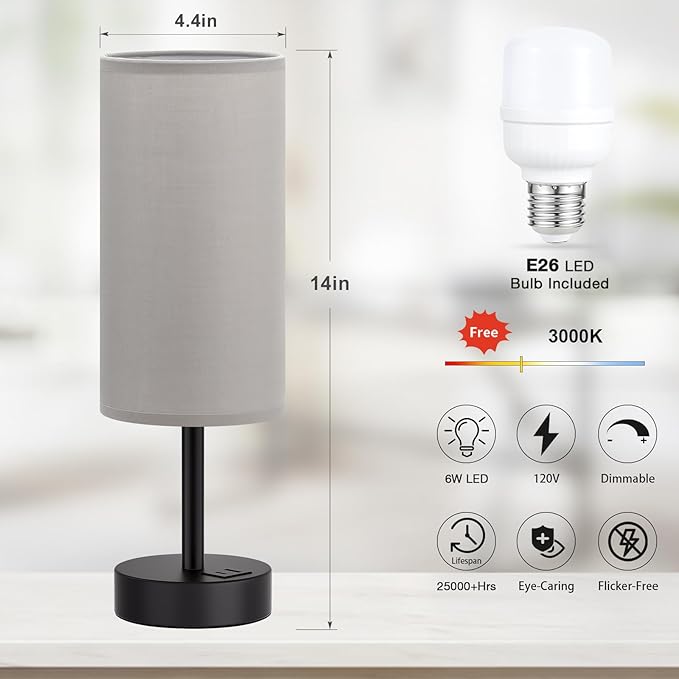 Grey Touch Bedside Lamp with USB - 3 Way Dimmable Table Lamp for Bedroom, Nightstand Lamp with Black Charging Station for Desk Dorm, Office, Boy Kids Room, Small