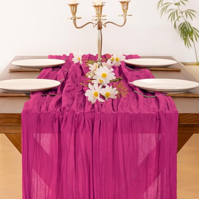 Socomi 3pcs Hot Pink Summer Cheesecloth Table Runner Boho Rustic Gauze 120 inch 10FT Cheese Cloth Sheer Runner for Wedding Party Baby Shower Birthday Home Decor