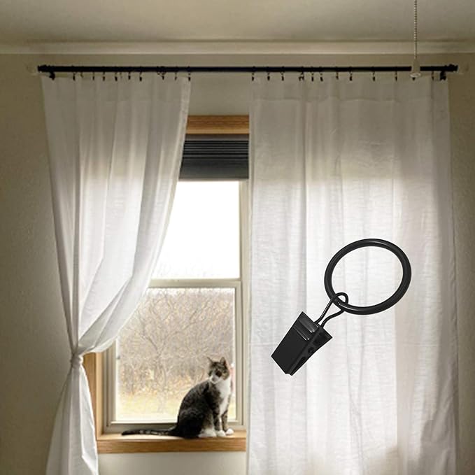 100 Pack Curtain Rings with Clips, Curtain Clip Rings Hooks, Bow Hanger Clips for Hanging Drapery Drapes Bows, Ring 1 inch Interior Diameter, Fits up to 5/8" Rod, Black