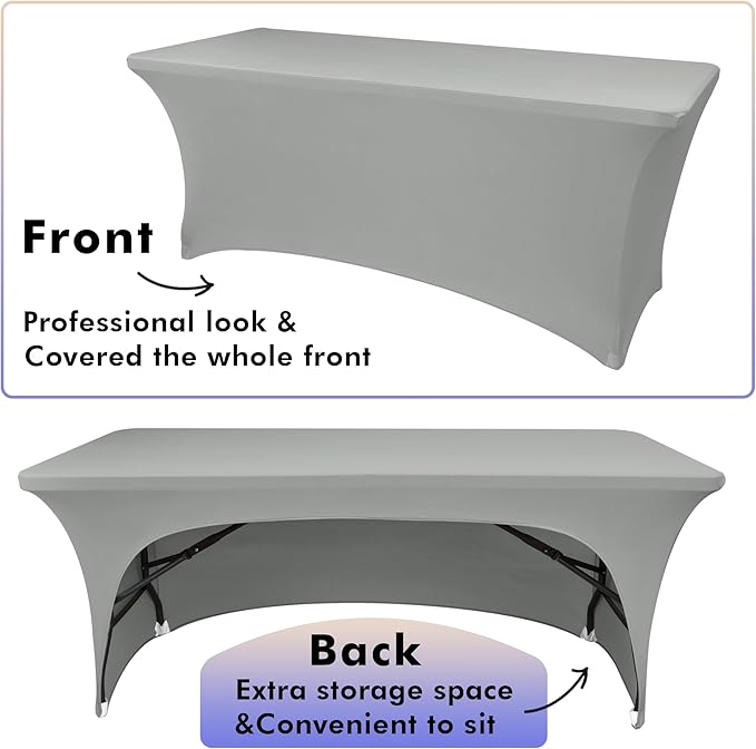 Nasitos 2 Pack Spandex 4 ft Table Cloth - Open Back Stretch Grey Fitted Tablecloth for Rectangle Tables, Washable and Wrinkle Resistant Table Covers for Parties, Wedding, Banquet, Trade Show