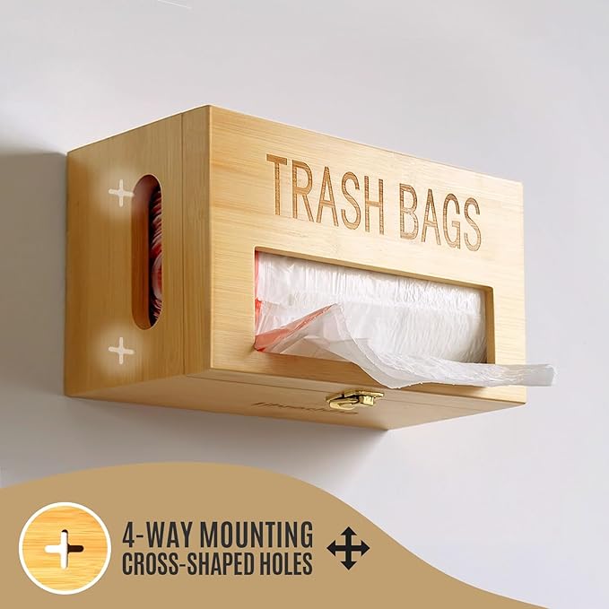 Libreshine Bamboo Garbage Bag Holder, Multi-Mount Space-Saving Trash Bag Organizer for Kitchen, Pantry, Holds 8-33 Gallon Rolls & 50+ Grocery Bags, Under-Sink/Wall-Mounted/Cabinet Storage