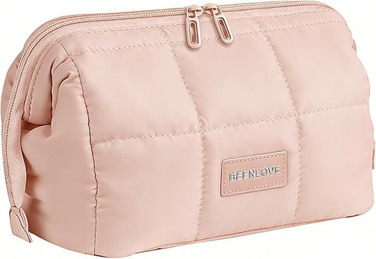 Makeup Bag Travel Toiletry Bag - Puffy Padded Make Up Bag, Waterproof Cosmetic Bag with Multiple Compartments, Wide-open Makeup Pouch for Cosmetics, Toiletries, and Travel Essentials, Pink