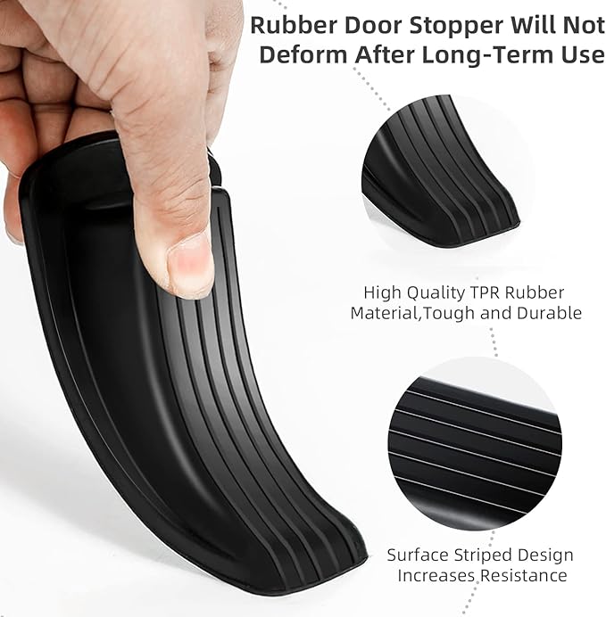 Door Stoppers, 4 Pack Premium Rubber Stoppers Wedge, Stops for Carpet Heavy Duty Door, Bottom of on Tile, Concrete, Carpet, Wooden Floor (Black)