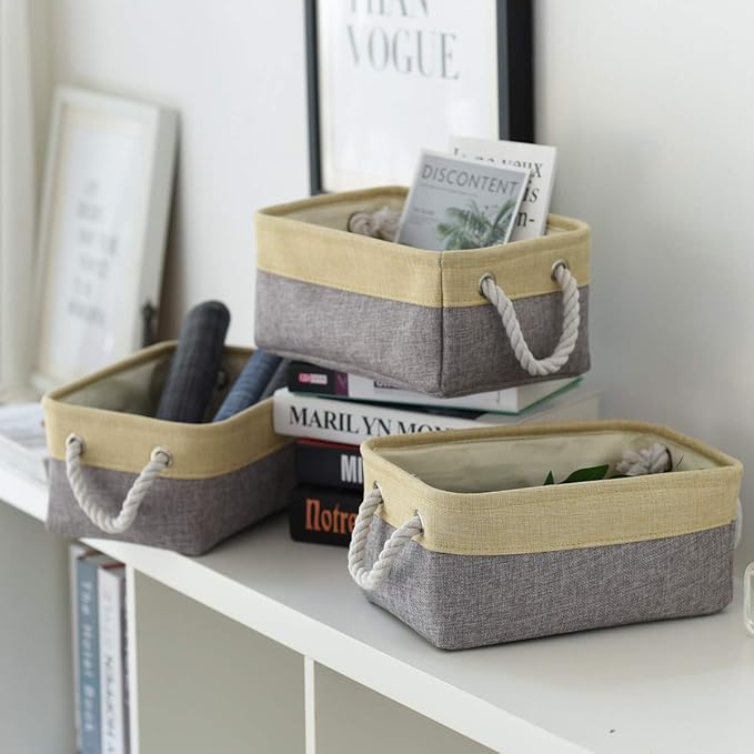 Sacyic Fabric Storage Baskets for Organizing (6 Pack) Small Baskets for Shelves, Storage, Laundry, Nursery, Closets, Decorative Baskets for Gifts Empty (Grey & Gold, 11.8” x 7.8” x 5.1”)