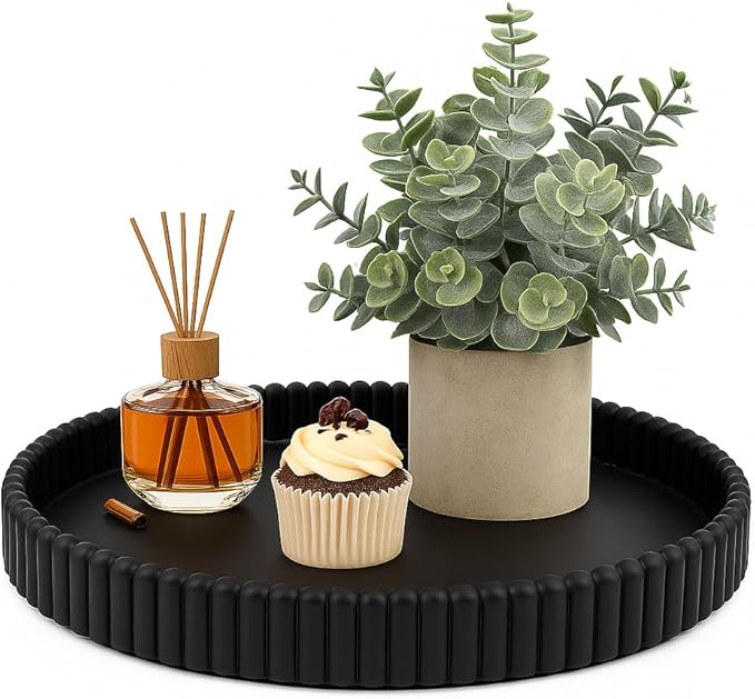 11.8in Decorative Tray for Coffee Table Decor- Black Oval Concrete Tray for Home Decor- Scalloped Flat Modern Centerpieces Tray Decor for Living Room, Kitchen Dining Table, Entryway (Black)