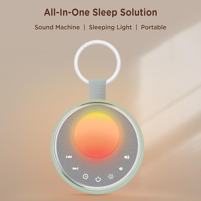 Peakeep Sound Machine with Sleeping Light for Baby, White Noise Lullaby Hush Heartbeat Fan 27 Sounds, 3 Dimmers Dimmable, Travel Battery Machine 30 Volume Loud, 25 Hours Continuous Audio (Aqua)