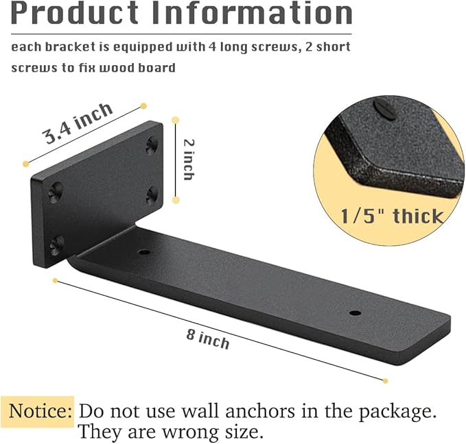 6 Pack Shelf Brackets 8 Inch Floating Shelf Bracket 1/5 inch Thick Heavy Duty Hidden Shelf Brackets Iron Metal Brackets for Shelf Support with Screw Included