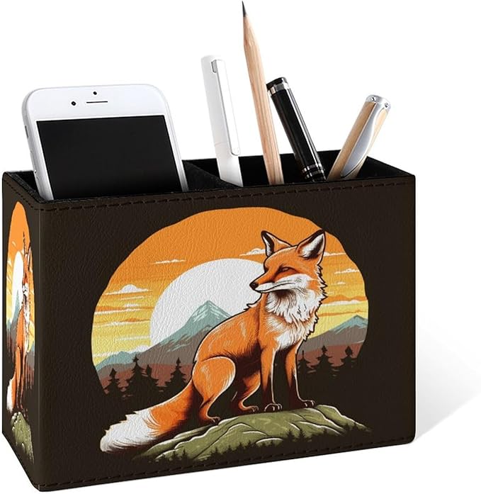 Famame Fox Animal Sunrise Pencil Holder for Desk, Leather Desktop Container Pen Cup Storage Study Table Pen Organizer Makeup Brush Holder for Classroom Office Home