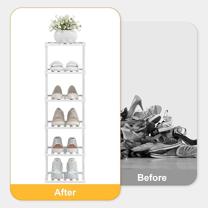 SHIISEWE White Bamboo Shoe Rack for Small Spaces 6 Tier Tall Vertical Narrow Rack