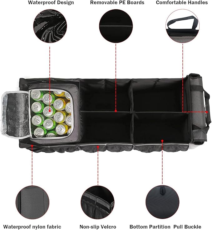 EAROND Large Trunk Organizer with Portable Leakproof Cooler Bag, Foldable Cover, Adjustable Securing Straps, Collapsible Trunk Organizer for SUV Car Truck Sedan (4-in-1 with Cooler)