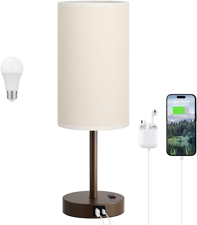 Touch Bedside Table Lamp with USB - 3 Way Dimmable Brown Lamp for Bedroom Nightstand, Desk Lamp with Charging Station for Dorm, Office, Kids Room, Living Room