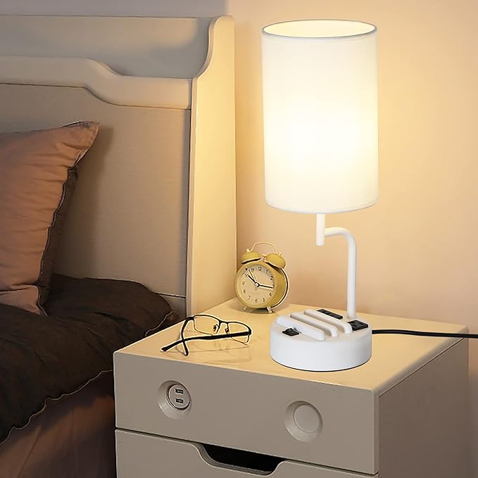 Dreamholder Table Lamp with 3 USB Charging Ports, Modern Desk Lamp with AC Outlet and Phone Stands, Perfect Bedside Lamp for Bedroom, Living Room, Office (Pack of 2), White
