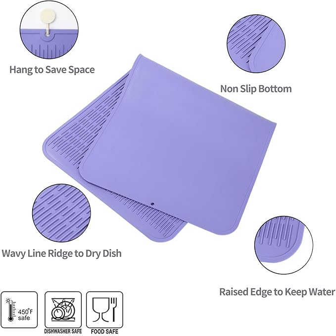 MicoYang Silicone Dish Drying Mat for Multiple Usage,Easy clean,Eco-friendly,Heat-resistant Silicone Mat for Kitchen Counter or Sink,Refrigerator or Drawer Liner Light Purple 5XL 36inches x 18inches