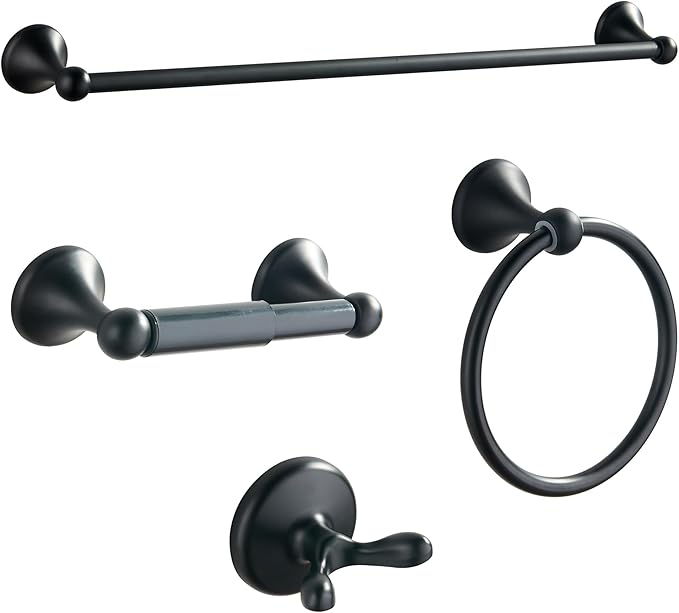BGL Bathroom Accessory Set, Matte Black Adjustable Expandable Towel Bar 4-Piece Bathroom Hardware Set Wall Mounted Robe Hook Toilet Paper Holder Towel Ring Towel Bar