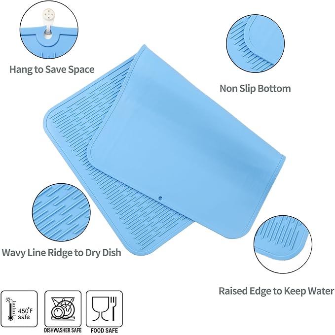 MicoYang Silicone Dish Drying Mat for Multiple Usage,Easy clean,Eco-friendly,Heat-resistant Silicone Mat for Kitchen Counter or Sink,Refrigerator or Drawer Liner Light Blue 4XL 32 inches x 18 inches