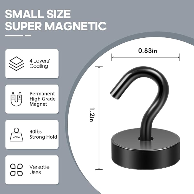 Neosmuk Magnetic Hooks, Cruise Ship Essentials, 40lb+ Heavy Duty Magnetic Hooks for Cruise Cabins, Refrigerator, Grill, Hanging, and Travel | Extra Strong Must-Have Magnet Hook, Black, Pack of 20