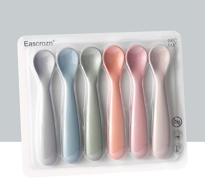 Eascrozn 6 Pack Silicone Baby Spoons, Baby Spoons Self Feeding 6 Months+, BPA Free, Soft Tip Baby Utensils Feeding Spoon, Baby Led Weaning Supplies, Dishwasher and Boil Safe