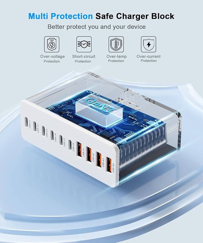 USB C Charging Station 10 Port with 4 USB Cables, 200W GaN Type C Charger Block, Wall Charger Power Strip Adapter Plug for iPad iPhone17 16 15 14 13 12 Pro Max Pixel Note Galaxy