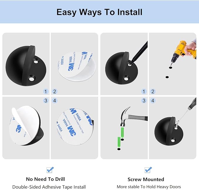 16 Pack Door Stoppers Black Slef Adhesive Floor Door Stops No Drill Rubber Bumper Doorstop Wall Protector, Stainless Steel Dome Shaped