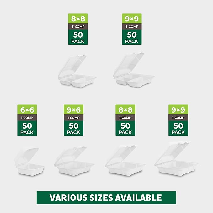 Freshware Clamshell Food Containers with Lids [8x8 200-Pack] Disposable To Go Containers, Biodegradable Sugarcane To Go Boxes - Paper Container - Microwave & Freezer Safe, Stackable