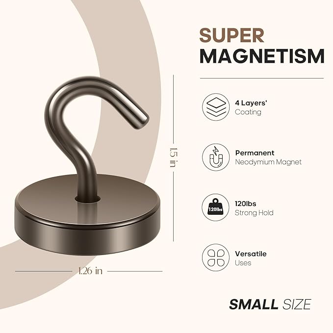 Neosmuk Magnetic Hooks, Cruise Ship Essentials, 120lb+ Heavy Duty Magnetic Hooks for Cruise Cabins, Refrigerator, Grill, Hanging, and Travel | Extra Strong Must-Haves Magnet Hook,Grey,Pack of 20