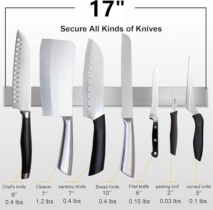 17" Double-Sided Knife Strip, Premium SUS304 Stainless Steel Magnetic Knife Holder for Refrigerator & Wall, Can be Used as Knife Rack, Tool Holder, and More