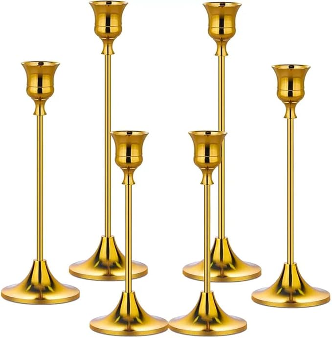 Gold Candlestick Holders Set of 6 – Decorative Taper Candle Holders for Home Decor, Weddings, Parties – Elegant Metal Candle Stands with Brushed Finish – Easy Assembly – Fits Standard & LED Candles