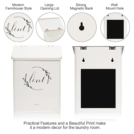 Magnetic Lint Bin for Laundry Room, Metal Lint Trash Can with Lid for Dryer, Wall Mounted Lint Holder Box with Lint Brush, Modern Farmhouse Laundry Room Decor, Cream