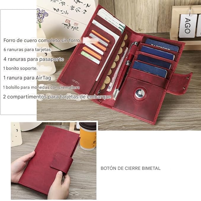CONTACTS Full Grain Leather Family Passport Holder for 4 Women Airtag Passport Wallet RFID Blocking Travel Passport Cover with 4 Passport Slots, 6 Card Slots (Red)