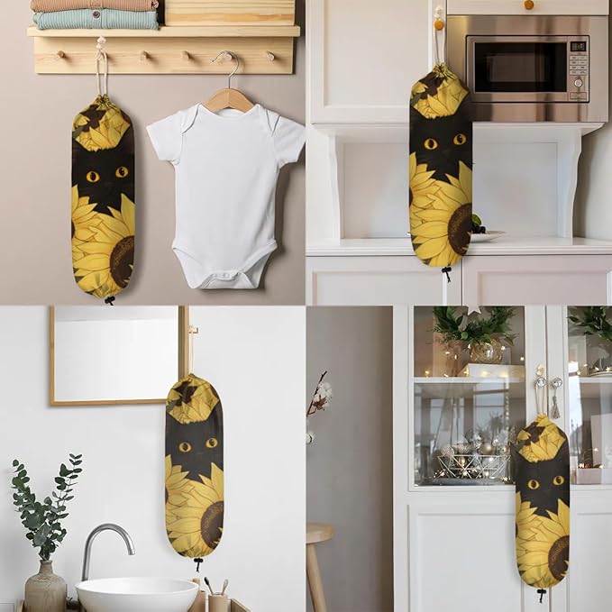 Sabokido Animal Cat Plastic Bag Holder Yellow Sunflower Grocery Bag Storage Dispenser Washable Hanging Shopping Bags Carrier Reusable Wall Mount Trash Bag Organizer for Kitchen Pantry