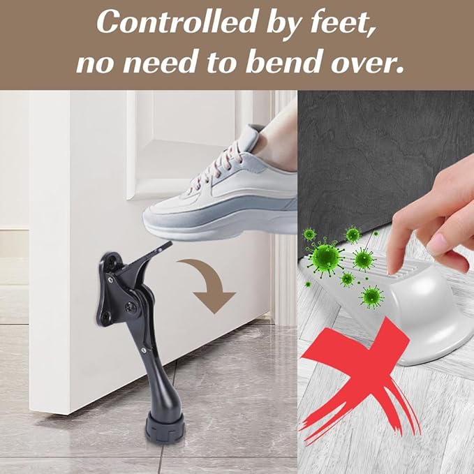 Kickdown Door Stopper 4 Inches - One Pack One Touch Adjustable Height Door Stop for the Bottom of the Door, Aluminum Alloy Metal Door Stopper with Rubber Tip, Black